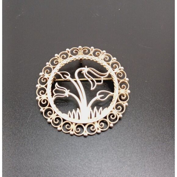 Vintage Scandinavian SYLVSMIDJA 830 Silver Filigree Tulip Flower Brooch Pendant - Picture 1 of 7